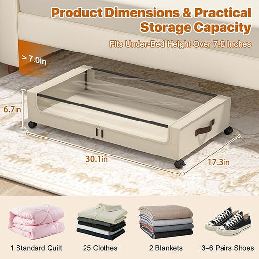 Under Bed Storage with Wheels, 4 Pack Under Bed Storage Containers with Clear Lids, XXL 60L Under-Bed Organizers for Clothes, Shoes – Durable Storage Bins with Smooth Rolling Wheels (White, 4 Pack)