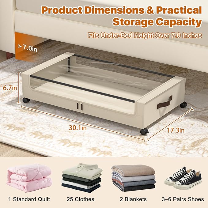 Under Bed Storage with Wheels,XXL 60L Under Bed Storage Containers with Clear Lids, Rolling Under Bed Metal Drawer for Clothes, Shoes,Toys (White, 2 Pack)