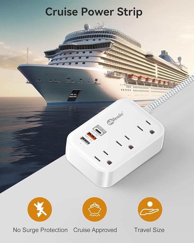 PD 20W USB C Travel Power Strip, Flat Plug Power Strip with 3 USB(1 USB C) Ports, Short Extension Cord 3FT PD 20W Fast Charging Station, Cruise Ship Essentials Compatible with iPad Pro iPhone Samsung