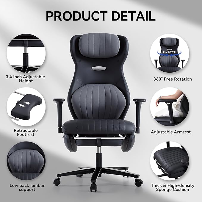 EMIAH Ergonomic Office Chair with Foot Rest Reclining Office Chair with Adjustable Arms and Headrest High Back Gaming Chair with Lumbar Support, PU Leather（Black）