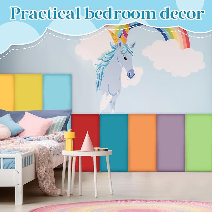 12 Pack Wall Padding for Playroom Peel and Stick Headboard 15.75" x 7.87" x 1.18" 3D Anti Collision Upholstered Wall Panels Self Adhesive Headboard Panel for Protection (Rainbow Colors)