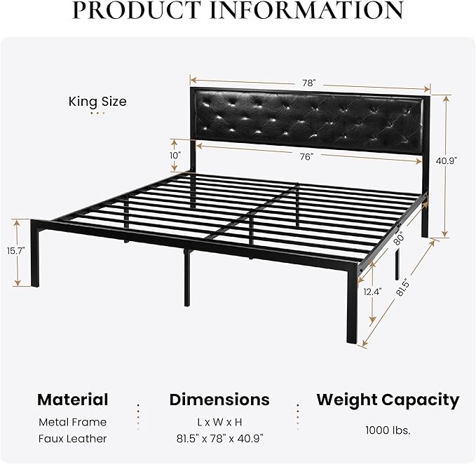 SHA CERLIN King Size Metal Platform Bed Frame, PU Leather Upholstered Button Tufted Headboard, Mattress Foundation with 12.4” Under-Bed Storage, Noise-Free, Easy Assembly, No Box Spring Needed, Black