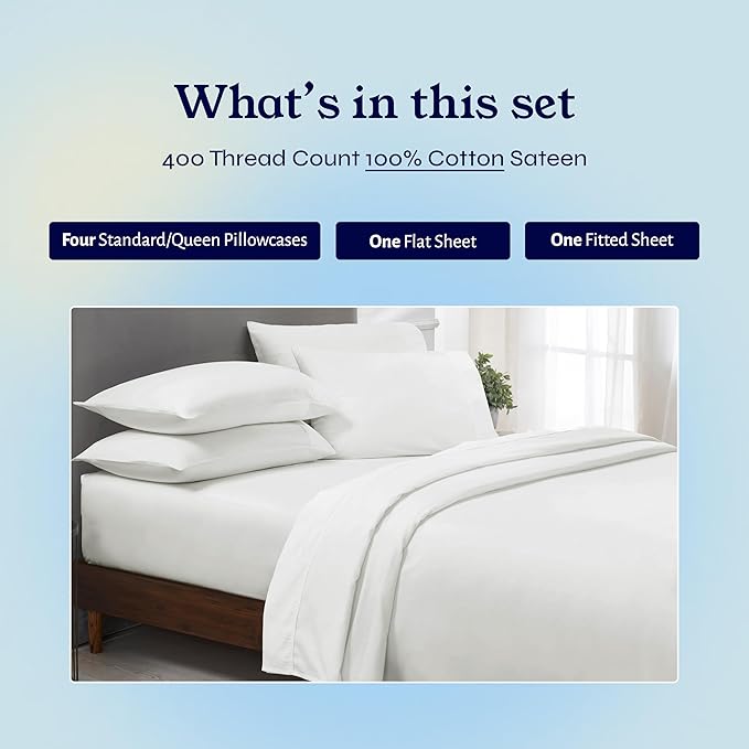 California Design Den 6-Pc Queen Size Sheet Set with 4 Pillowcases - 400 Thread Count 100% Cotton Sheets, Sateen Weave, Deep Pocket Bedsheets Set - Ivory (Pale Tone) CaliforniaDesignDen