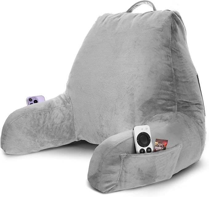 Nestl Reading Pillow with Shredded Memory Foam, Designed for Sitting Up in Bed and Couch, Back and Arms Adjustable Support for Adult & Teens Backrest Pillows for Reading with Washable Cover Light Grey