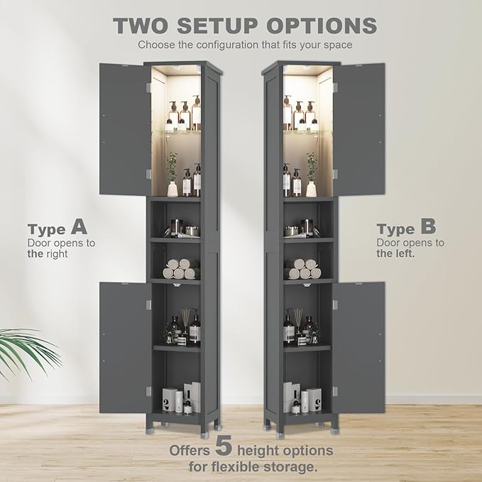 67" Tall Bathroom Storage Cabinet with Lights, Slim Narrow Bathroom Cabinet Organizer with Doors and Adjustable Shelves, Tall Cabinet for Small Space (66.9" Tall-Grey with Light, 1 Pack)