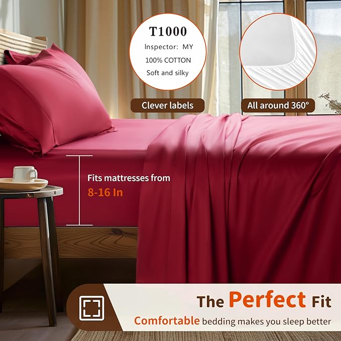 LBRO2M 1000 Thread Count 100% Egyptian Cotton Sheets Set Full Size, 4 Piece Sets Bed Sheet Deep Pocket Sheet Set 16" Soft Comfortable All Season (Full Burgundy)