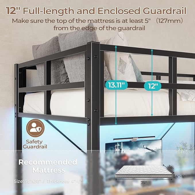 DICTAC Loft Bed Twin Size with Ladder and Guardrail,Metal Twin Loft Bed with Led Lights,Small Space Saving Furniture Design for Bedroom,Kid Room and Dorm,No Box Spring Needed, Black