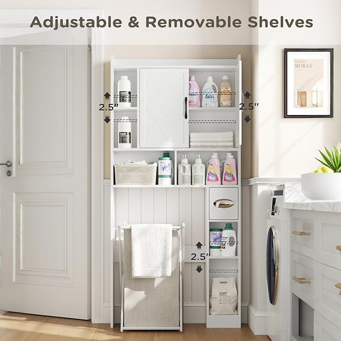 MHOM 67.8" H Over The Toilet Storage Cabinet with Adjustable Shelves & Toilet Paper Holder, Farmhouse Over Toilet Bathroom Organizer, Double Door Toilet Cabinet for Bathroom, and Laundry, White