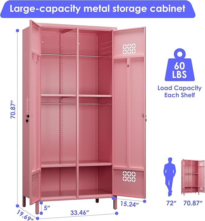 Aobabo Metal Wardrobe Cabinets with Lock, 2 Door Metal Closet with 4 Adjustable Shelves and 2 Hannging Rod, Lockable Locker Cabinet, Storage Locker for Home, Office,Pink, Assembly Required