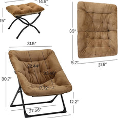 Comfy Saucer Chair for Adults, Soft Faux Fur Bedroom Chair with Ottoman, Accent Dorm Chairs, Living Room Reading Chairs and Footstool, Folding Lounge Seat for Teens, X-Large, Brown