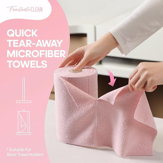 Fantasticlean Microfiber Cleaning Cloth Roll -60 Pack, Tear Away Paperless Towels, 8" x 8", Reusable Washable Rags, for Home Kitchen, Pet, Office, Indoor Outdoor, Compact and Portable (Pink)