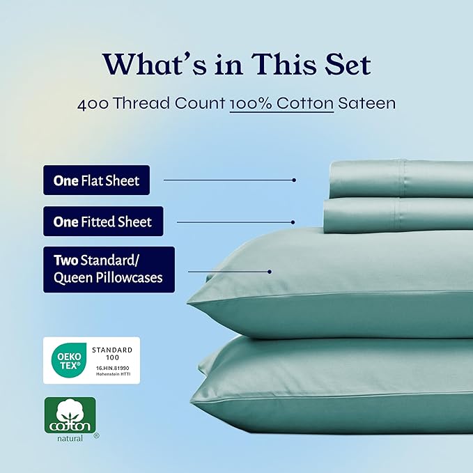 California Design Den Natural 100% Cotton Sheets, Soft Queen Sheet Set, 400 Thread Count Sateen, Deep Pockets with All-Around Elastic for a Snug Fit, Durable Bedding Set - Teal CaliforniaDesignDen