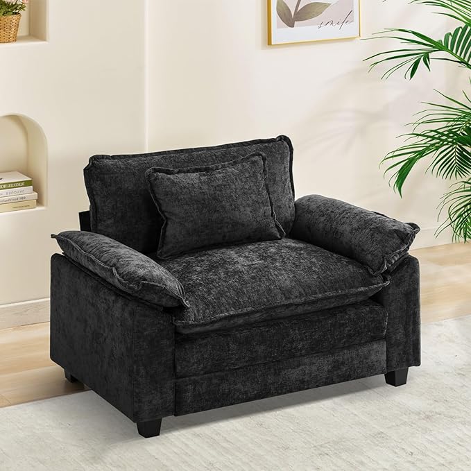 Modular Sectional Sofa, Comfy Cloud Couch Sectional Sofa, Chenille Sofa Sleeper Deep Seat Sofa with Throw Pillows for Living Room (Black, 53"- Single Seat)