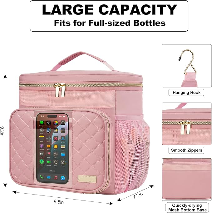 Portable Shower Caddy (Full Size Bottle Compatible),Travel Shower Tote Bag with Quick Dry Mesh Base,Hanging Toiletry Cosmetic Bag for Gym,College,Camping & Dorm, Pink