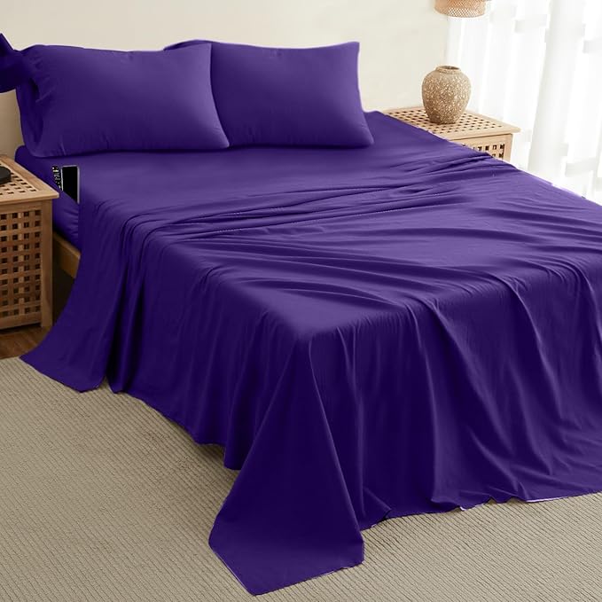 DREAMCARE Full Size Sheets - Cooling Bed Sheets - 4pcs Set - up to 15" Deep Pocket Full Sheet Set - Sheets Full Size Bed - Soft & Long Lasting 100% Fine Brushed Polyester with Side Pocket - Purple DREAMCARE
