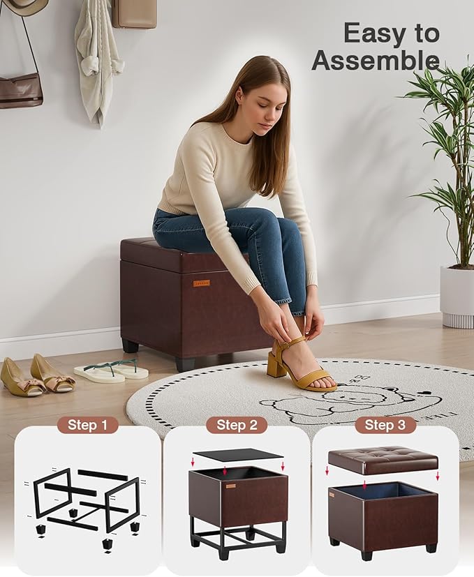 17.7 inches Synthetic Leather turfed Ottomans Cube with Storage, Metal-Framed Square Storage Ottoman Foot Rest Stool Holds 770 LB for Dorm Living Room Bedroom Brown UASND63R