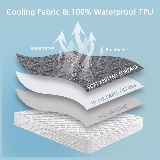 Premium Waterproof Mattress Protector Full Size, Breathable Bed Cover 3D Air Fabric Cooling Mattress Pad Cover Smooth Soft Noiseless Washable, 8''-21'' Deep Pocket (Gray)