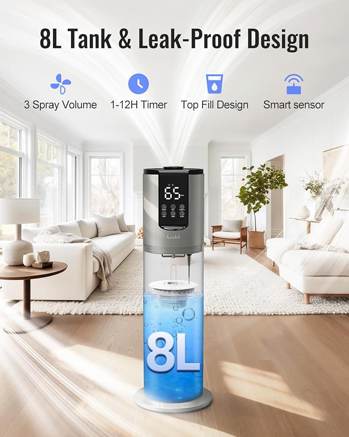 8L Humidifiers for bedroom, Humidifiers large room up to 500 sq ft, Easy to Clean Humidifier with Washable Parts, Ultrasonic Cool Mist Humidifier for Home Plants Baby Nursery Office, Grey