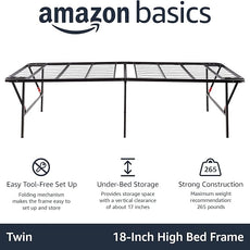 Amazon Basics Foldable Metal Platform Bed Frame with Tool Free Setup, 18 Inches High, Sturdy Steel Frame, No Box Spring Needed, Twin, Black