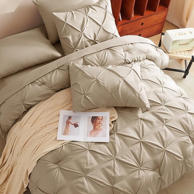 CozyLux Queen Comforter Set Taupe, 7 Pieces Pintuck Bed in A Bag, Premium Taupe Comforter Queen Size, Pinch Pleat Bedding Sets with Comforter, Sheets, Pillowcases & Shams