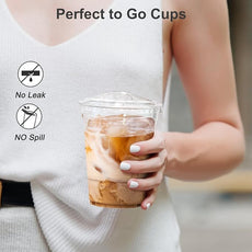 100 Pack - 16 oz Clear Plastic Cups with Lids, Sturdy & Food Safe Iced Coffee Cups with lids, Disposable Plastic Smoothie Cups for Cold Drinks, Sip Lids
