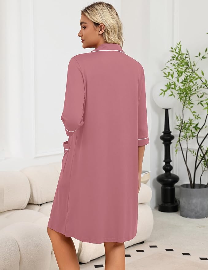 Ekouaer Zipper Robes for Women 3/4 Sleeve Housecoats Knee Length Bathrobe Lightweight Nightgown with Pockets S-3XL