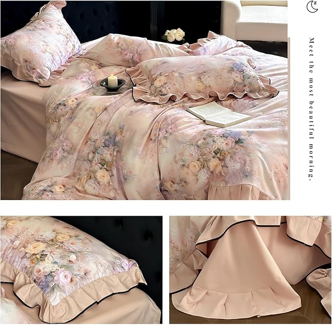HighBuy Pink Floral Ruffle Duvet Cover Twin XL,Ruffle Lace Floral Bedding Set for Girl College,Soft Brushed Cotton Comforter Cover with Zipper for Hot Sleepers,Breathable & Fade-Resistant