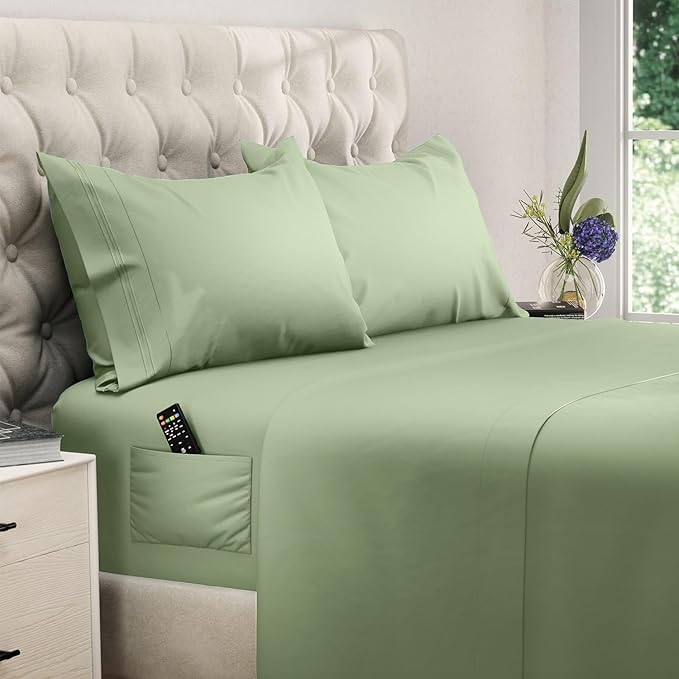 DREAMCARE King Size Sheets Set - Cooling Bed Sheets - 4pcs Set - up to 15" Deep Pocket King Sheet Set – Soft & Long Lasting Cooling - 100% Fine Brushed Microfiber with Side Pocket - Sage Green DREAMCARE