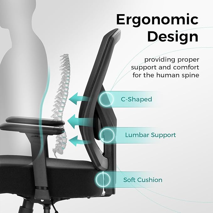 ALPHA HOME Heavy Duty Office Chair Ergonomic, Mid Back Mesh Computer Chair with Lumbar Support, Desk Chair Adjustable Armrest & Seat Cushion, SGS Certified