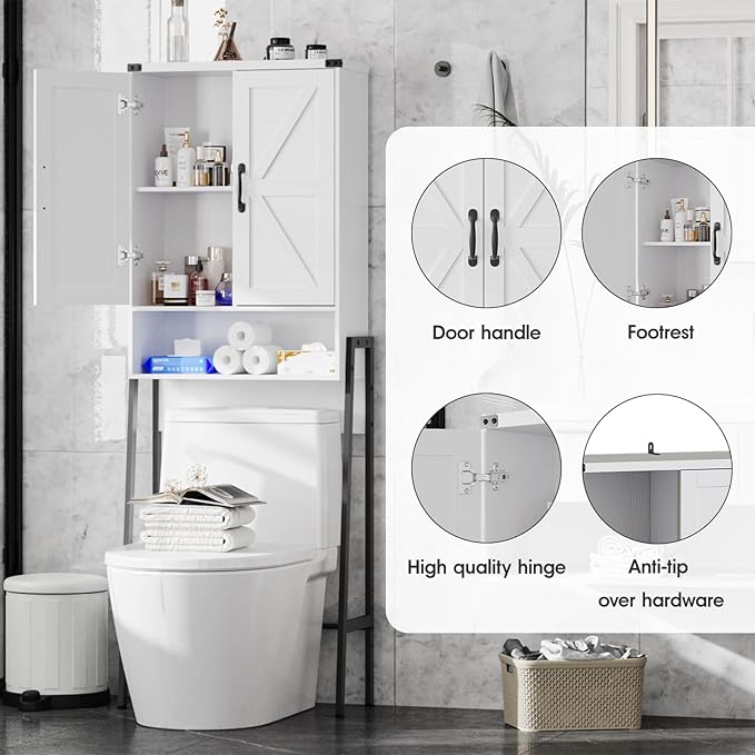 Over The Toilet Storage Cabinet with 2-Door Design Bathroom Organizers and Storage with Anti-Tip Device Over Toilet Organizer with Shelves for Bathroom,Restroom,Laundry White