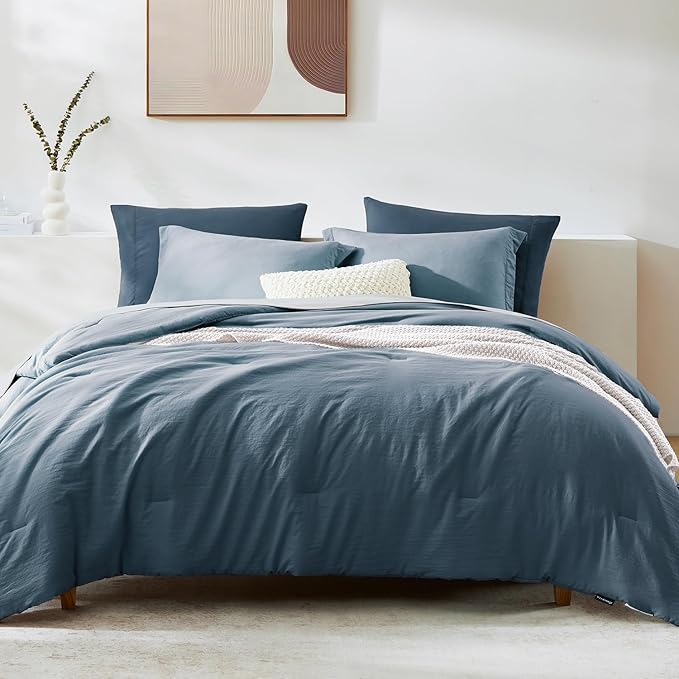 WRENSONGE Full Size Comforter Sets, 7 Pieces Oxford Blue Bed in a Bag with Fitted Sheet, Flat Sheet, 2 Pillow Shams, 2 Pillowcases, Warm Bedding Sets for All Season
