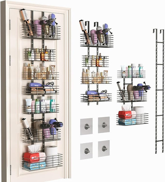 7-Tier Over The Door Organizer, Shower Caddy Hanging &Wall Mounted Hair Tool Organizer/Hair Dryer Holder Adjustable, Behind Door Storage for Bathroom Bedroom Closet Cabinet Pantry Kitchen