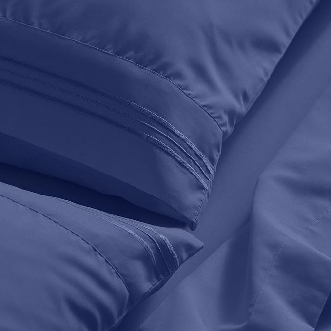 Mellanni Queen Sheet Set - 6-Piece Iconic Collection Bedding, (Including 4 Pillowcases), 21-Inch Extra Deep Pocket, Easy Care, Ultra Soft, Cooling Sheets, Brushed Microfiber - Blue Nova