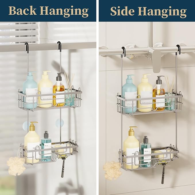 Consumest Over the Door Shower Caddy - 2-Tier Hanging Shower Organizer with Soap Holder, Rustproof Bathroom Storage and Organizer Rack for Shampoo, Towels, and Toiletries, Sand Nickel