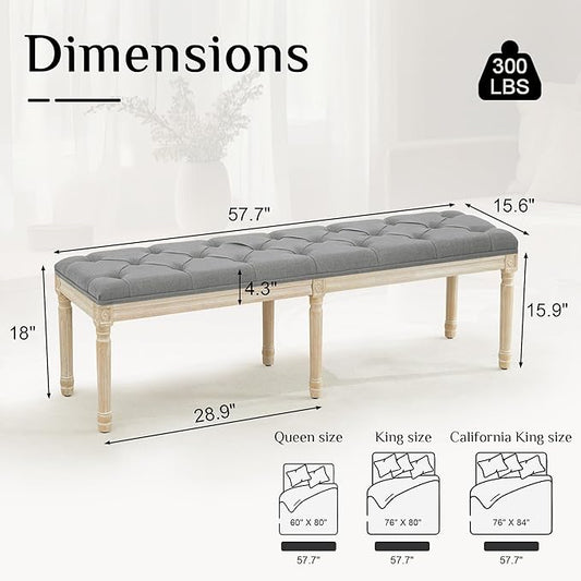 LOULENS 57.7" Linen Fabric End of Bed Bench, French Upholstered Button Tufted Bench for Bedroom End of Bed, Window Seat with Carved Wood Legs for Bedroom, Living Room, Entryway, Light Grey