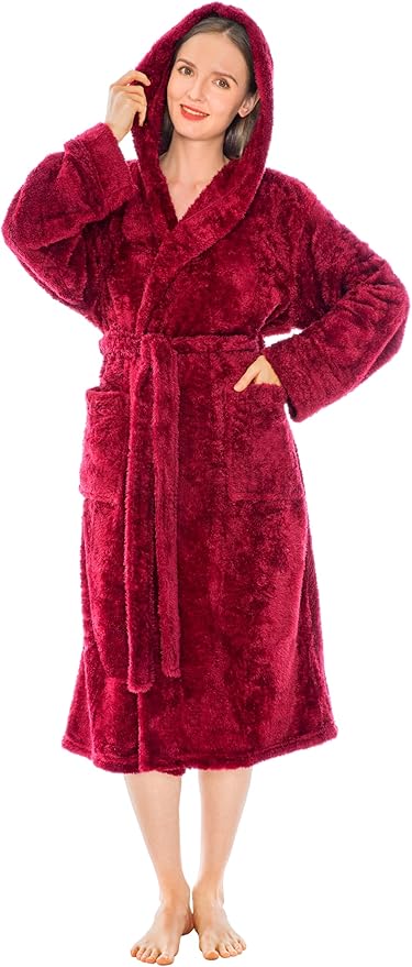 PAVILIA Women Hooded Plush Soft Robe | Fluffy Warm Fleece Sherpa Shaggy Bathrobe