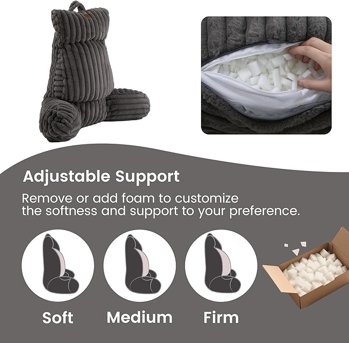 Amélie Home Faux Fur Reading Pillow with Pocket for Sitting in Bed, Adult Backrest Bed Pillow with Washable Cover for Lounging, Study & Relaxing, Grey 29 inches