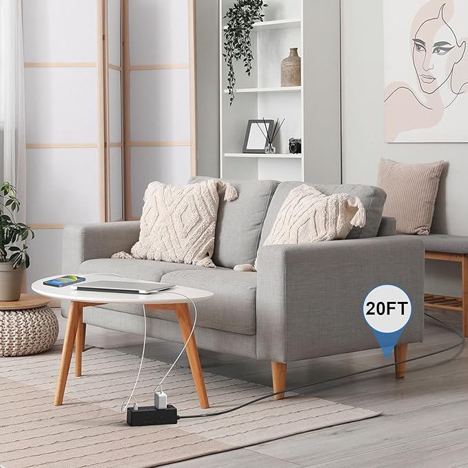 20Ft Extension Cord Flat Plug Power Strip - Tcstei 3-Side Outlet Extender with 6 AC Outlets and 3 USB Ports (1 USB C), Compact for Home, Office, Dorm Room Essentials, Black