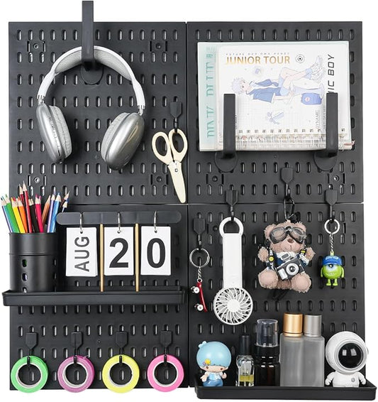 Pegboard Wall Organizer Kit – Heavy Duty 20lbs Load Bearing, Easy Installation, 4 Peg Board Panels 14 Accessories – Multi-Surface Use For Garage, Office, Kitchen & Crafts (Black Pegboard,24″×24″)