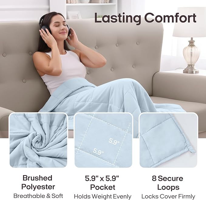 ZonLi Weighted Blanket 15lbs (48''x72'', Twin Size, Cambridge Blue), Cooling Weighted Blankets for Adults, High Breathability Heavy Blanket, Soft Material with Premium Glass Beads