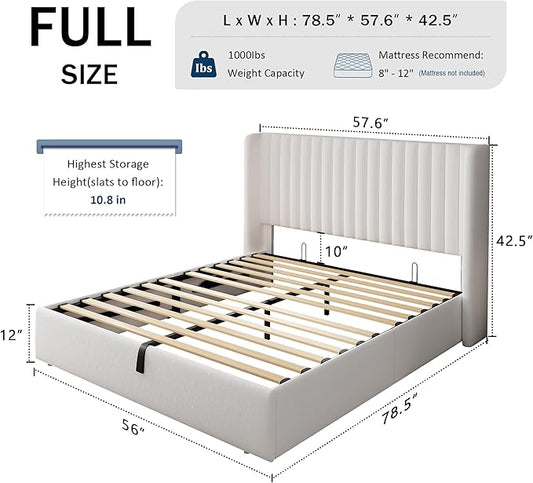 Full Size Lift Up Storage Bed, Upholstered Velvet Platform Bed Frame with Wingback Headboard, Hydraulic System, Solid Wooden Slats Support, No Box Spring Needed, Easy Assembly, White