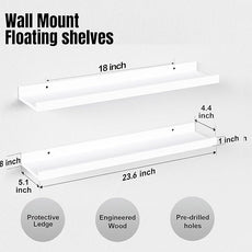 23.6 Inches Long Floating Shelves, 2 Set Modern White Wall Shelf for Bedroom, Nursery Book Shelf with Lip, Picture Ledge Shelf for Living Room, Bathroom, Kitchen