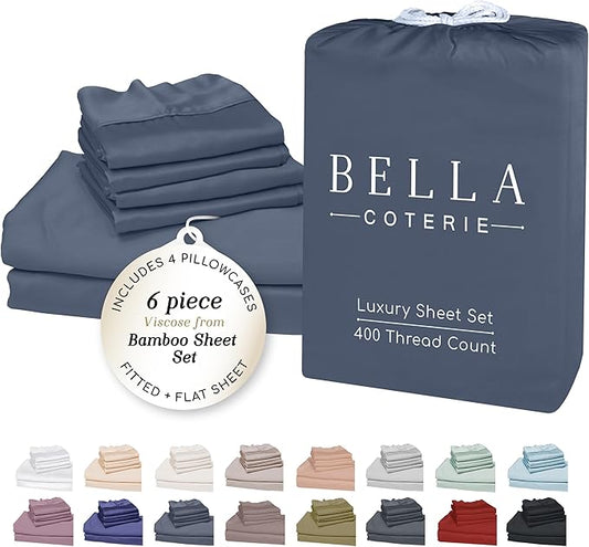 Bella Coterie 6 Piece Luxury Bamboo Viscose Queen Size Sheet Set | 100% Organically Grown | Cooling for Hot Sleepers | 18" Deep Pocket | Soft & Hypoallergenic | 4 Pillowcases [Slate Blue]