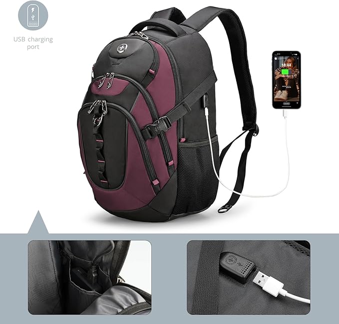 Swissdigital Design Laptop Backpack with USB Charging Port, Travel Backpack Fits 15.6 inches Computer, 31L College School Backpack for Women, Burgundy/Black | SD803-44