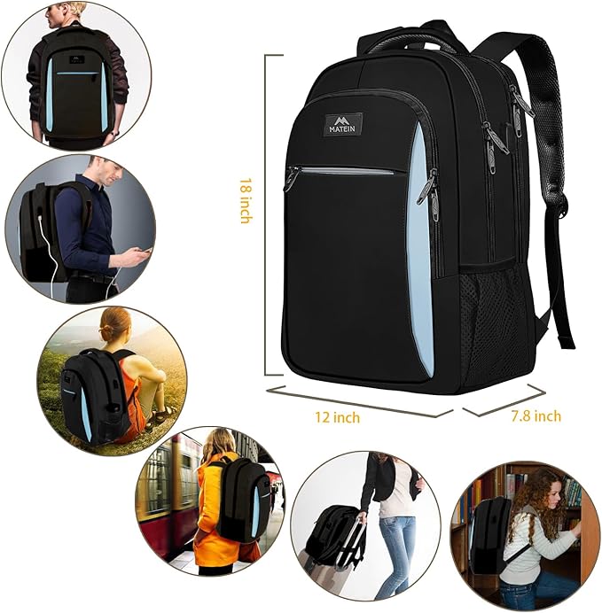 MATEIN Travel Laptop Backpack for Men, Business Anti Theft Slim Sturdy Laptops Backpack with USB Charging Port, Water Resistant College Computer Bag Gift for Women Fits 15.6 Inch Notebook