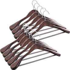 Solid Wood Suit Hangers, 10 Pack, Coat Hangers with Non Slip Trouser Bar, 360° Swivel Hook, Heavy Duty Wide Hangers for Suit, Coat, Jacket, Trousers, Pants,17.3