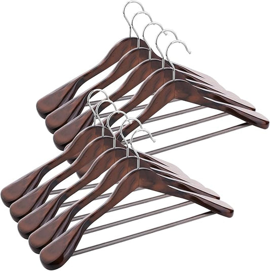 Solid Wood Suit Hangers, 10 Pack, Coat Hangers with Non Slip Trouser Bar, 360° Swivel Hook, Heavy Duty Wide Hangers for Suit, Coat, Jacket, Trousers, Pants,17.3" W x 9", Dark Walnut AWY0410H