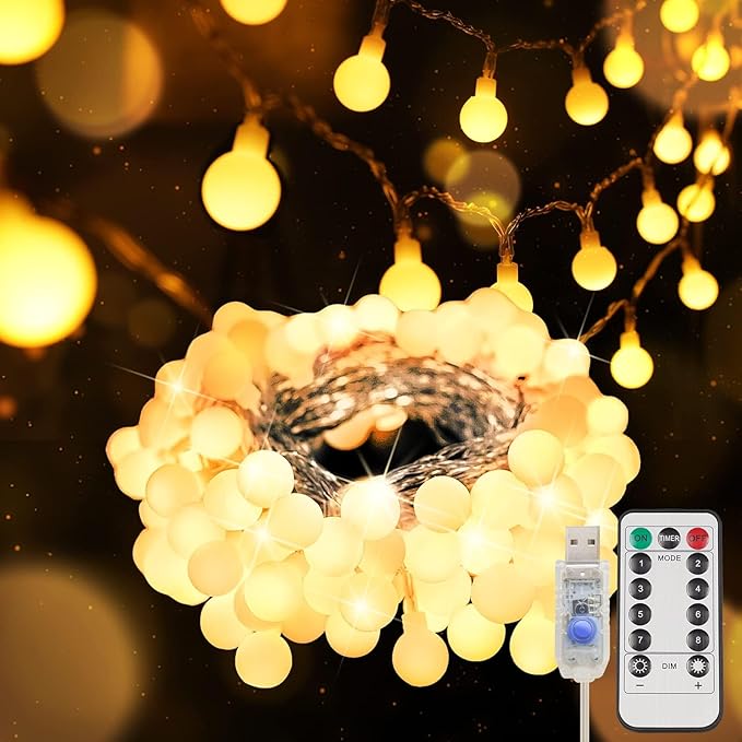 suddus Globe String Lights Bedroom, 50 Led Fairy Lights Plug in, Indoor String Lights for Classroom, Christmas, Backyard, Patio, Garden, Party, Bedroom, Living Room,Wall, Warm White