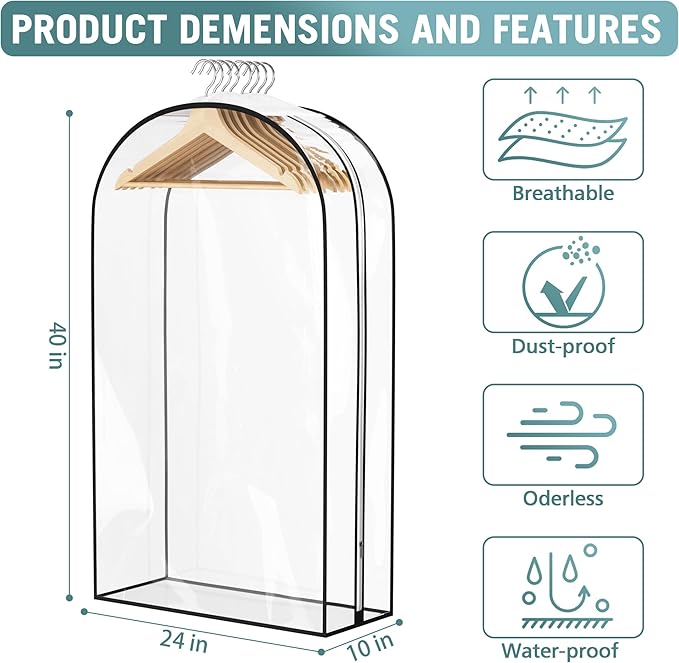 Clear Garment Bags for Hanging Clothes 10” Gusseted, Suit Bags for Closet Storage, Hanging Plastic Clothes Cover for Coat, Dress, Fur, Shirt, 4 Pack, 40” Long