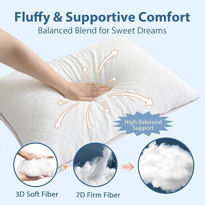 JOLLYVOGUE Standard Pillows, Oeko-Tex Certified Bed Pillows for Side, Back, and Stomach Sleepers - Medium Support Down Alternative Filling, Machine-Washable